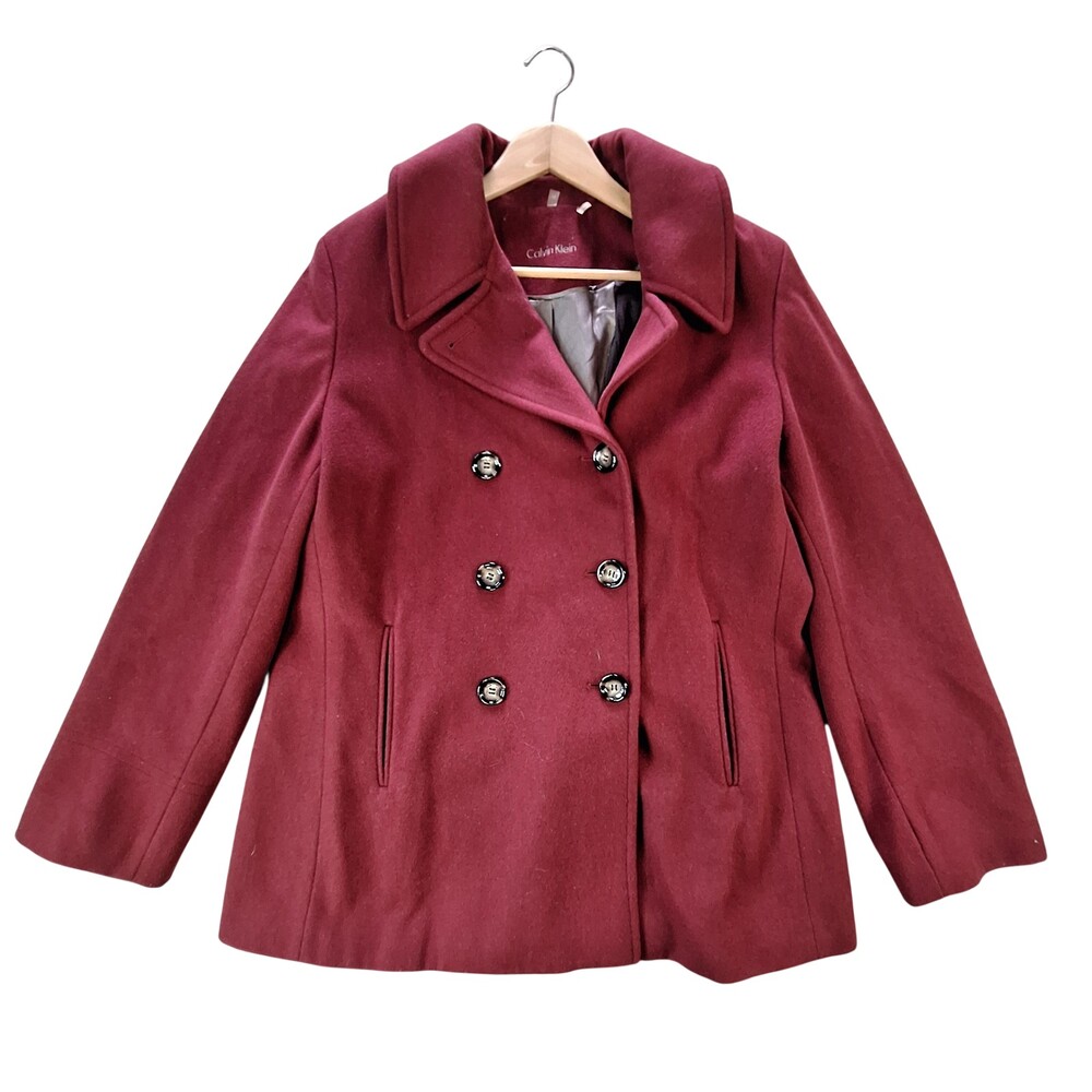 Calvin Klein Coat Womens 16 Red Wool Pea Coat Double Breasted Lined Mid Length